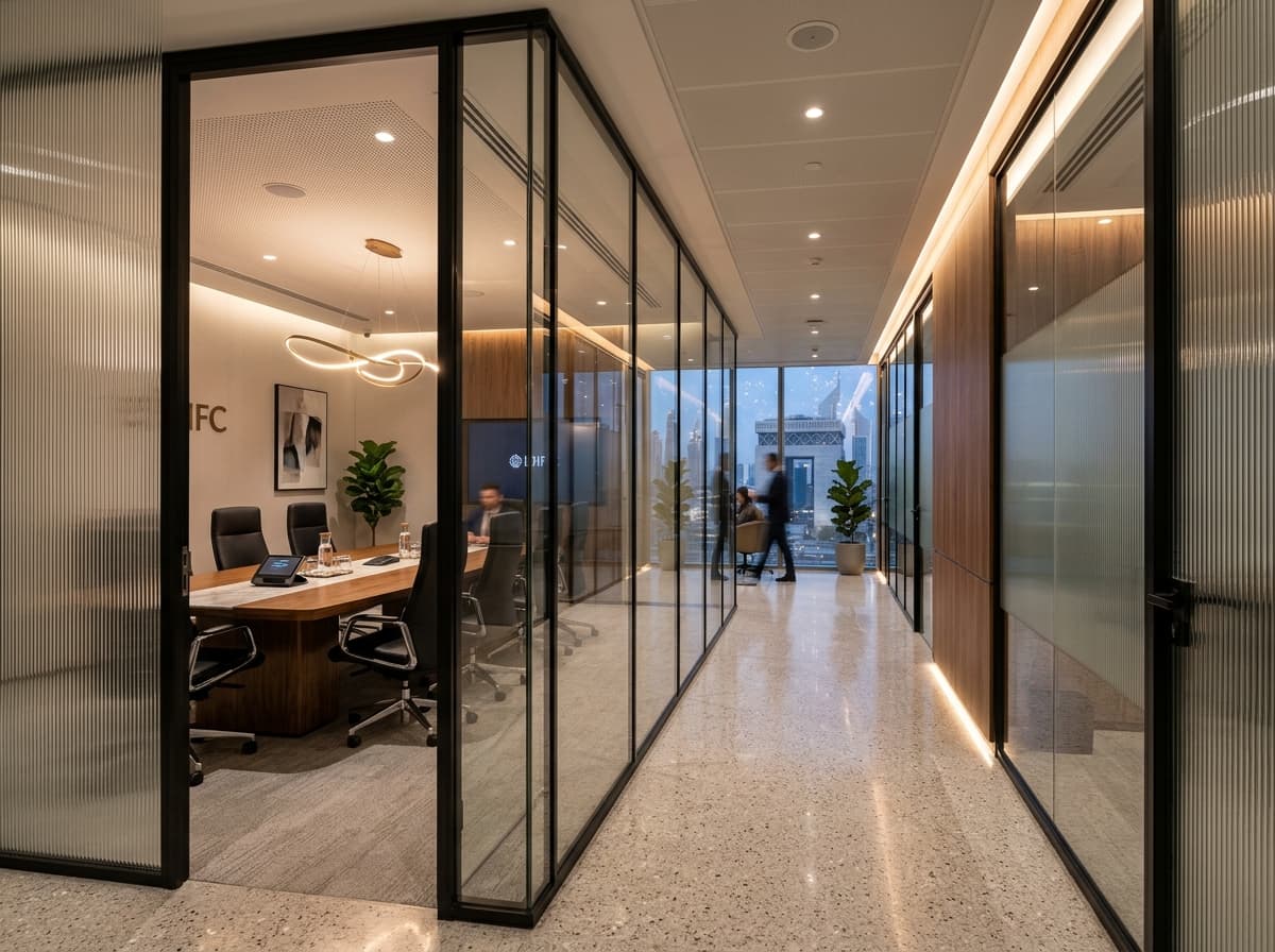Black-framed glass partitions in an office